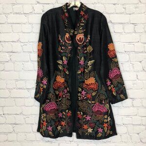 Anu 100% Silk Black Floral Embroidered Jacket Size M